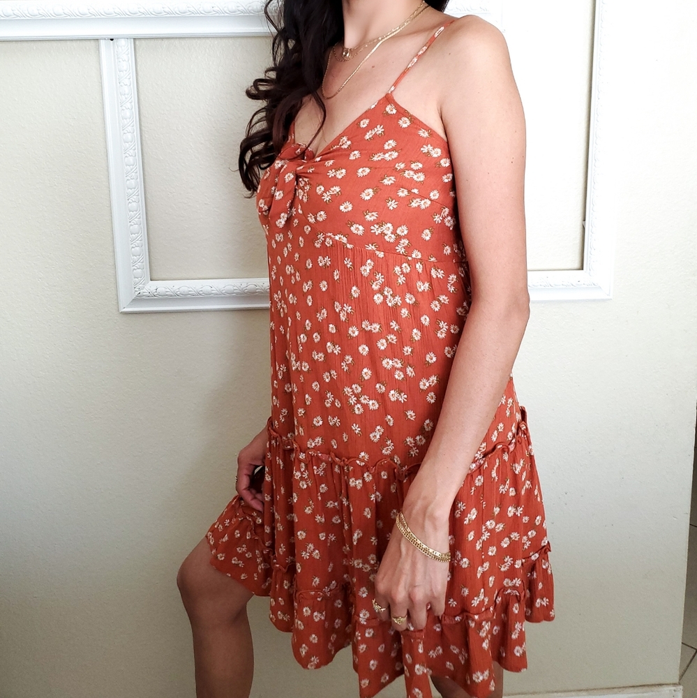 Tiered Spaghetti Strap Floral Front Tie Dress